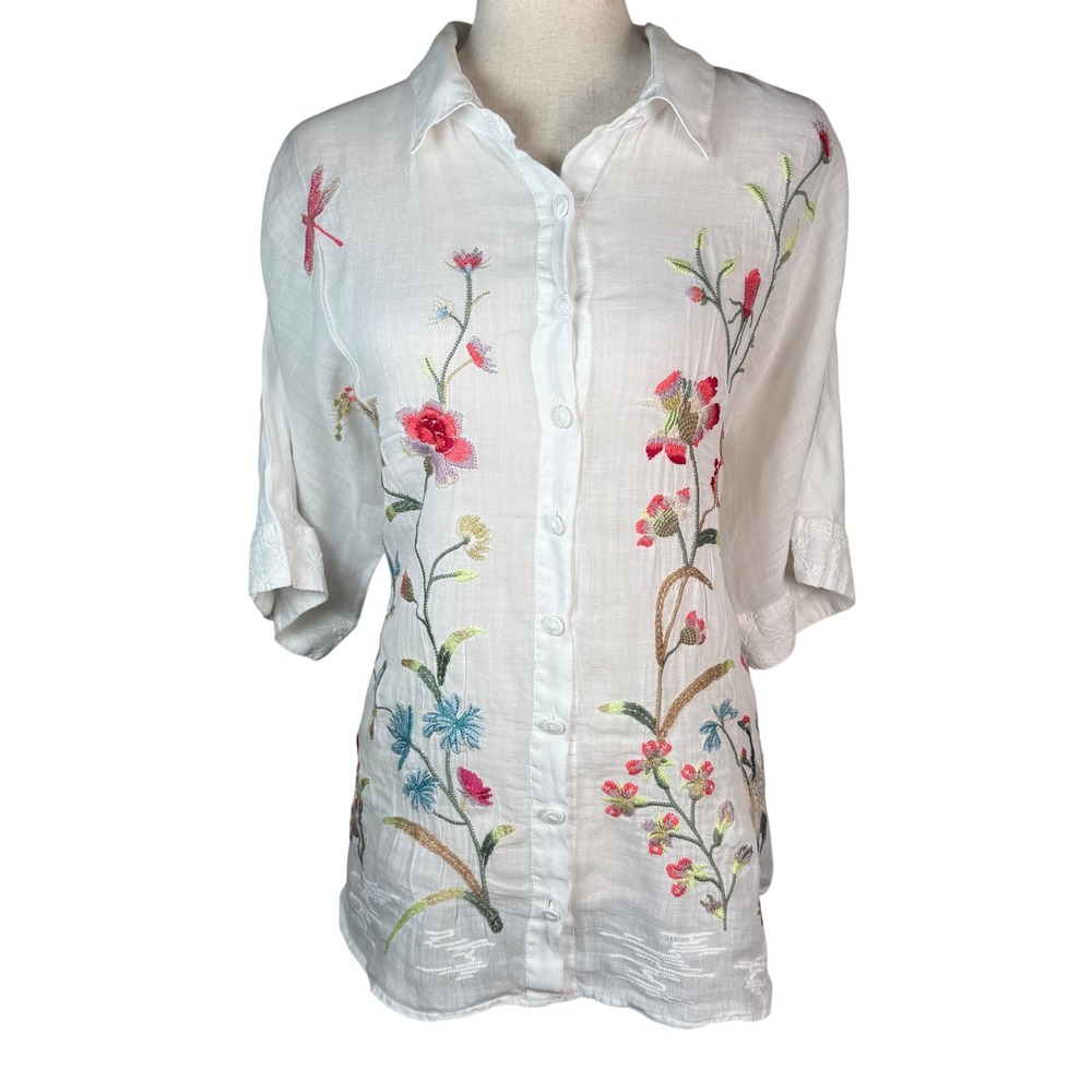 Johnny Was Workshop Embroidered Shirt Womens Medium White Ramie Boho Floral Bird